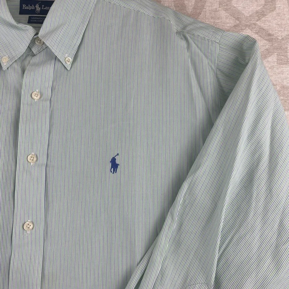 Ralph Lauren Yarmouth Mens 17 32/33 Green Purple Pinstripe Cotton Dress Shirt